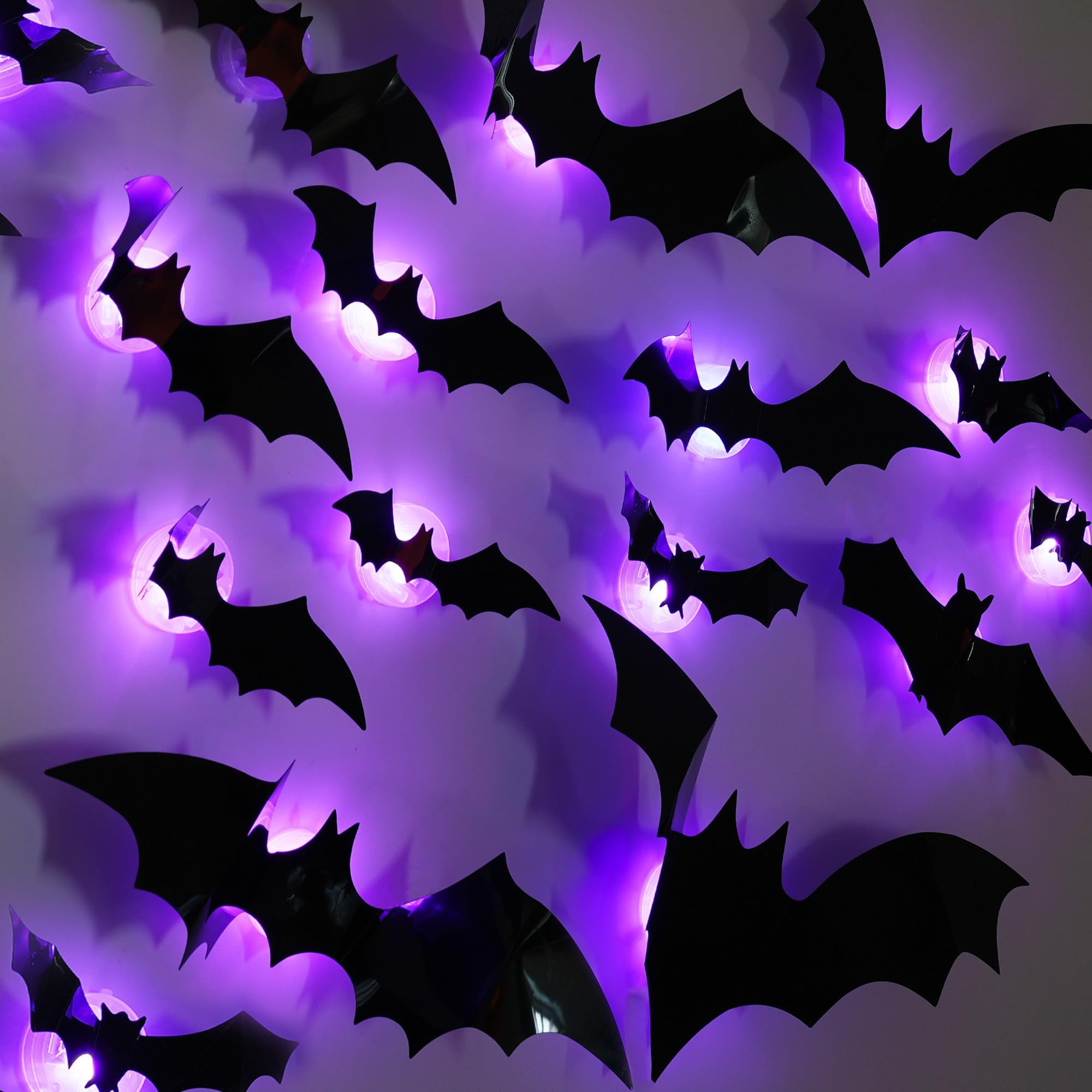 3D Bat Design LED Decoration, Halloween Lighted Stickers Decor Light, Hanging Wall Luminous Glow Clings for Home Bar Halloween Party (Bats-24PCS)