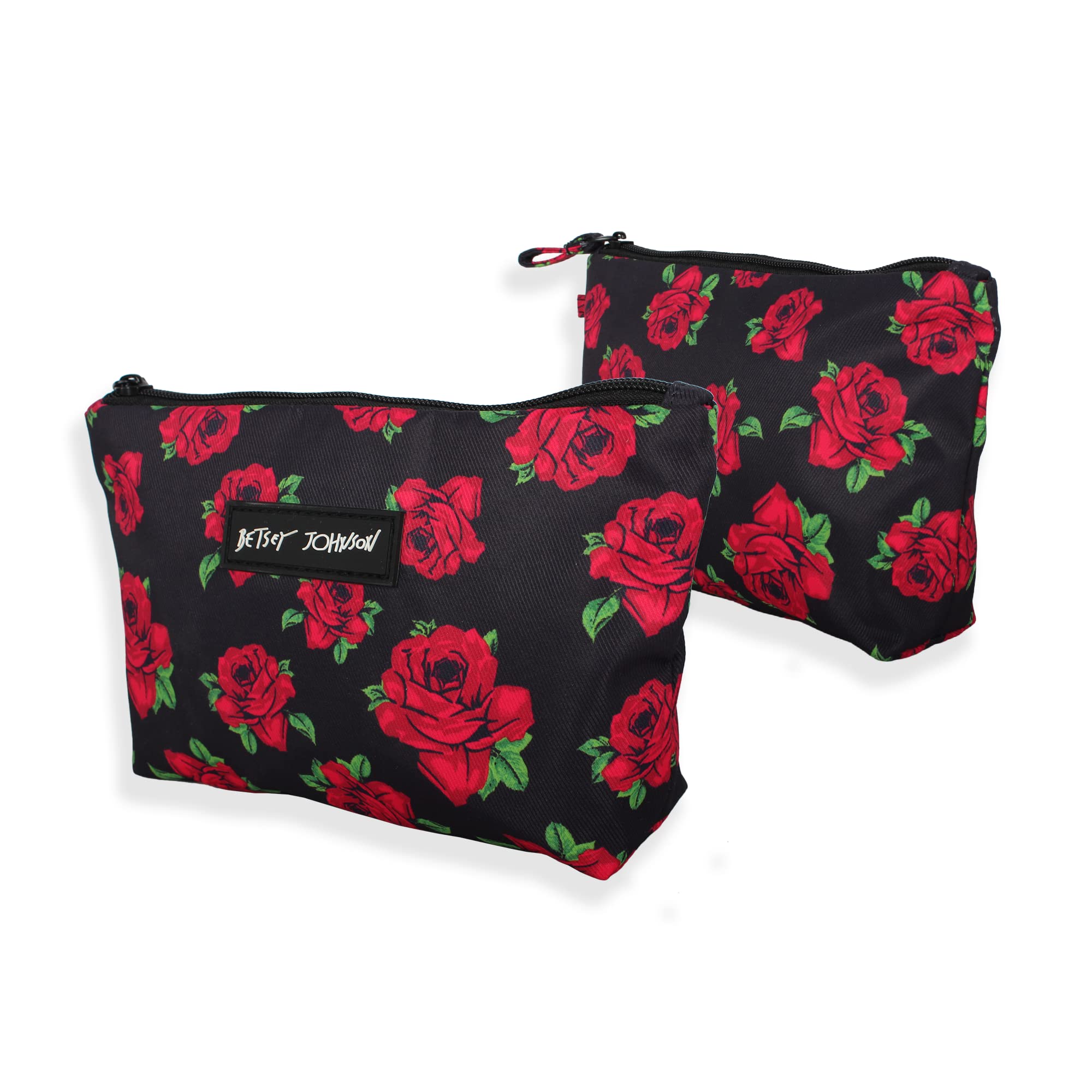 Betsey Johnson 8.5 Inch Zipper Cosmetic Pouch Small Toiletry Bag–Lightweight Durable Polyester Organizer with Inner Zipped Pocket Good For Makeup Accessories and Travel Needs (Covered Rose)