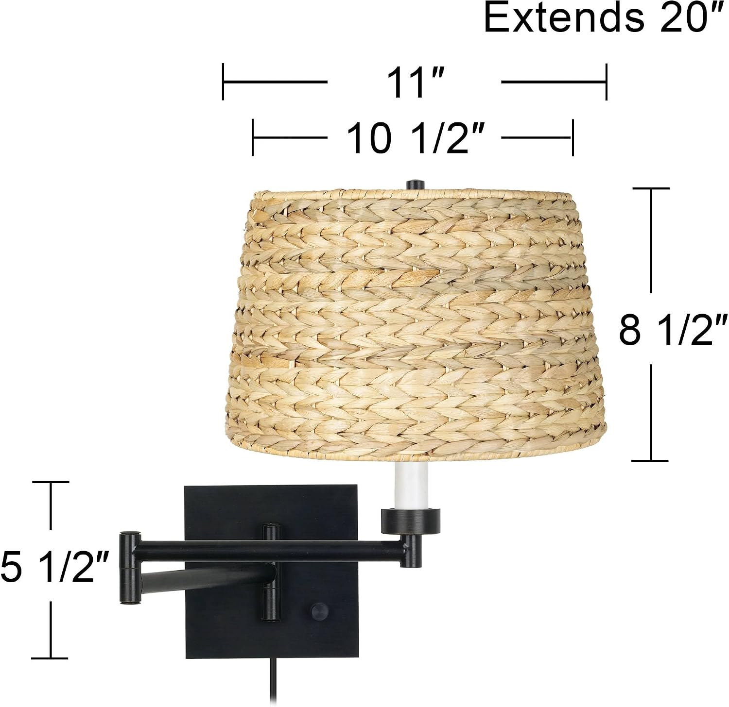 Franklin Iron Works Modern Natural Cottage Indoor Swing Arm Wall Lamp with Cord Espresso Plug-in Light Fixture Dimmable Woven Seagrass Drum Shade Bedroom Bedside House Reading Living Room Home