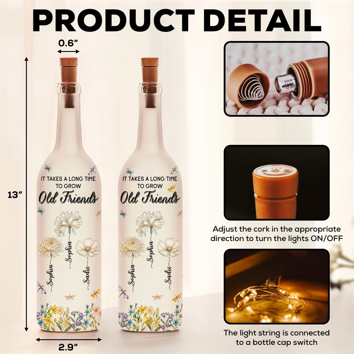 Wrappiness Besties Flowers Personalized Lighted Wine Bottle - Long Time Grow Old Friends Bottle Lamp Gift for Soul Sisters on Birthday Christmas Desk Decor Gift for Women - Birth Month Flower Gift
