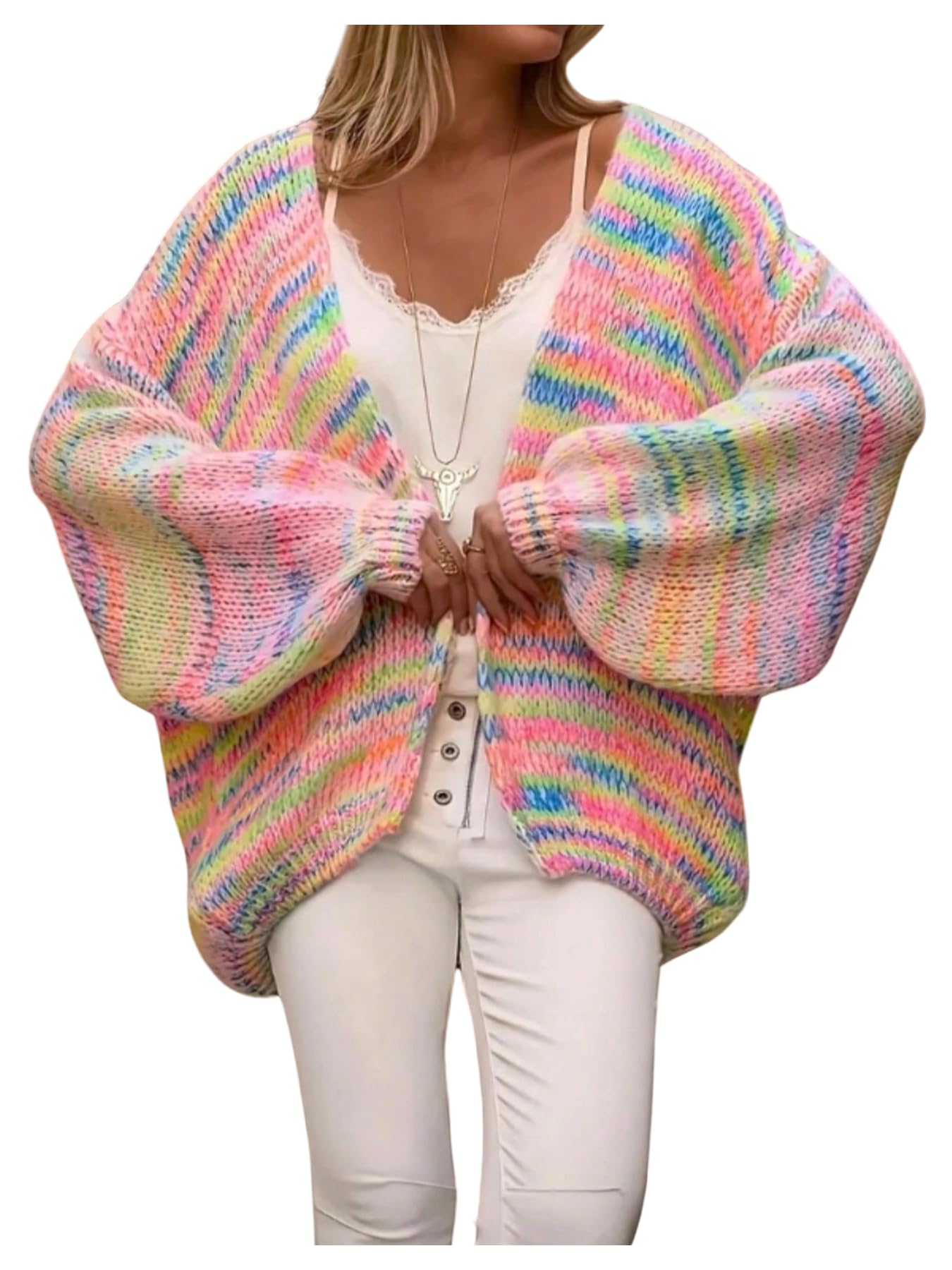SOLY HUX Womens Plus Size Striped Cardigan Sweater Open Front Long Sleeve Knit Rainbow Color Block Casual Fall