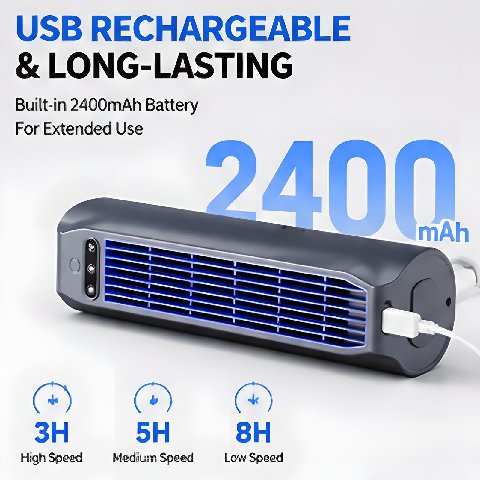 Ventilatore a torre ricaricabile USB, mini ventilatore da scrivania portatile con circolazione dell'aria silenziosa, raffreddamento a 3 velocità per ufficio e uso domestico