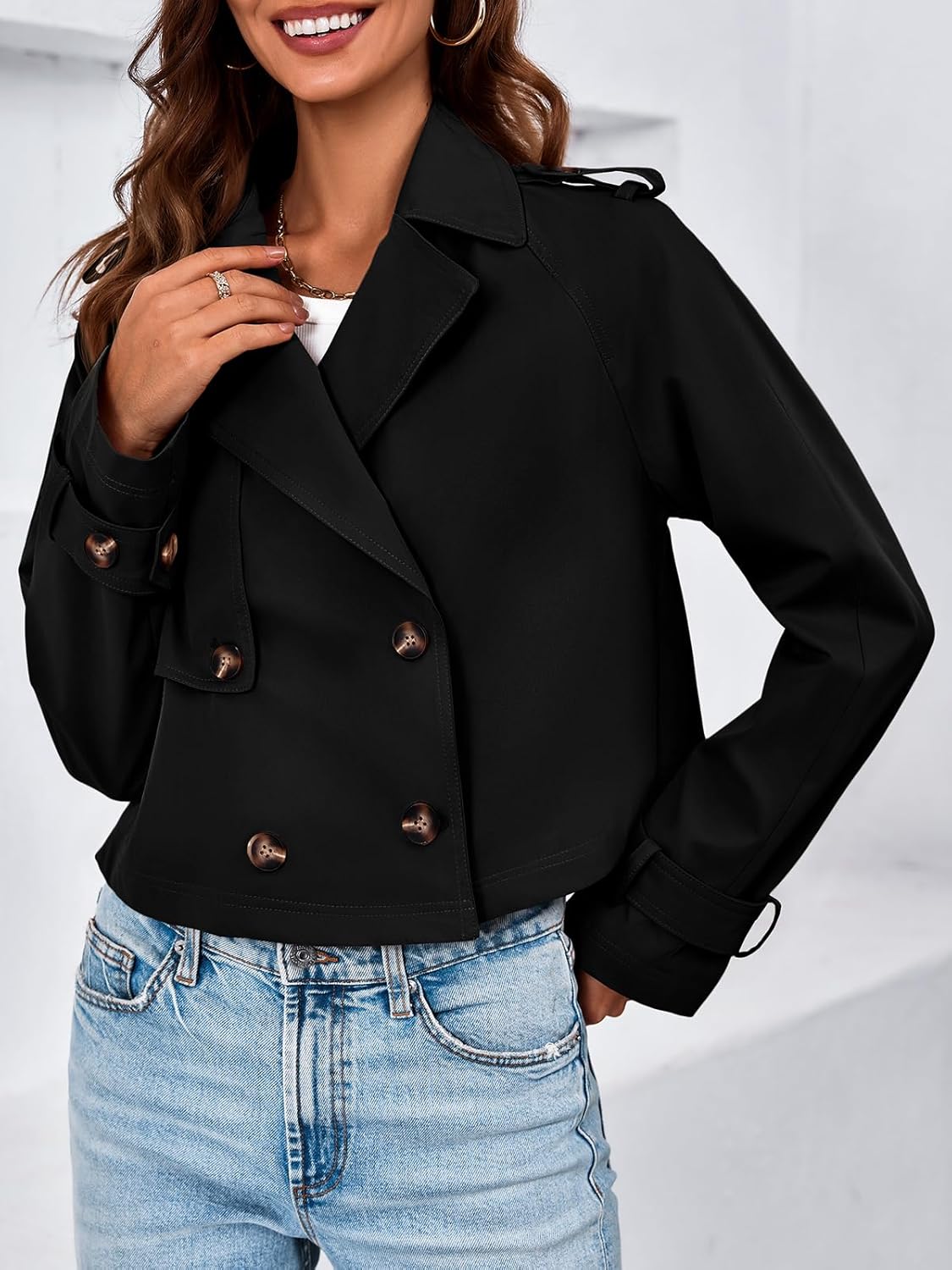 Tankaneo Womens Cropped Trench Coat Lapel Double Breasted Short Jacket Outwear - Image 4