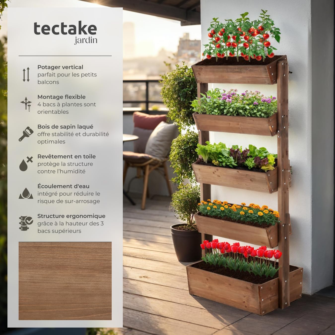 tectake® Jardinière Verticale, 81 x 52 x 180 cm 5 Niveaux, Système de Drainage et Toile de paillage, Jardiniere Haute Potager surélevé Pots de Fleurs Plantes aromatiques, Balcon Terrasse, Marron