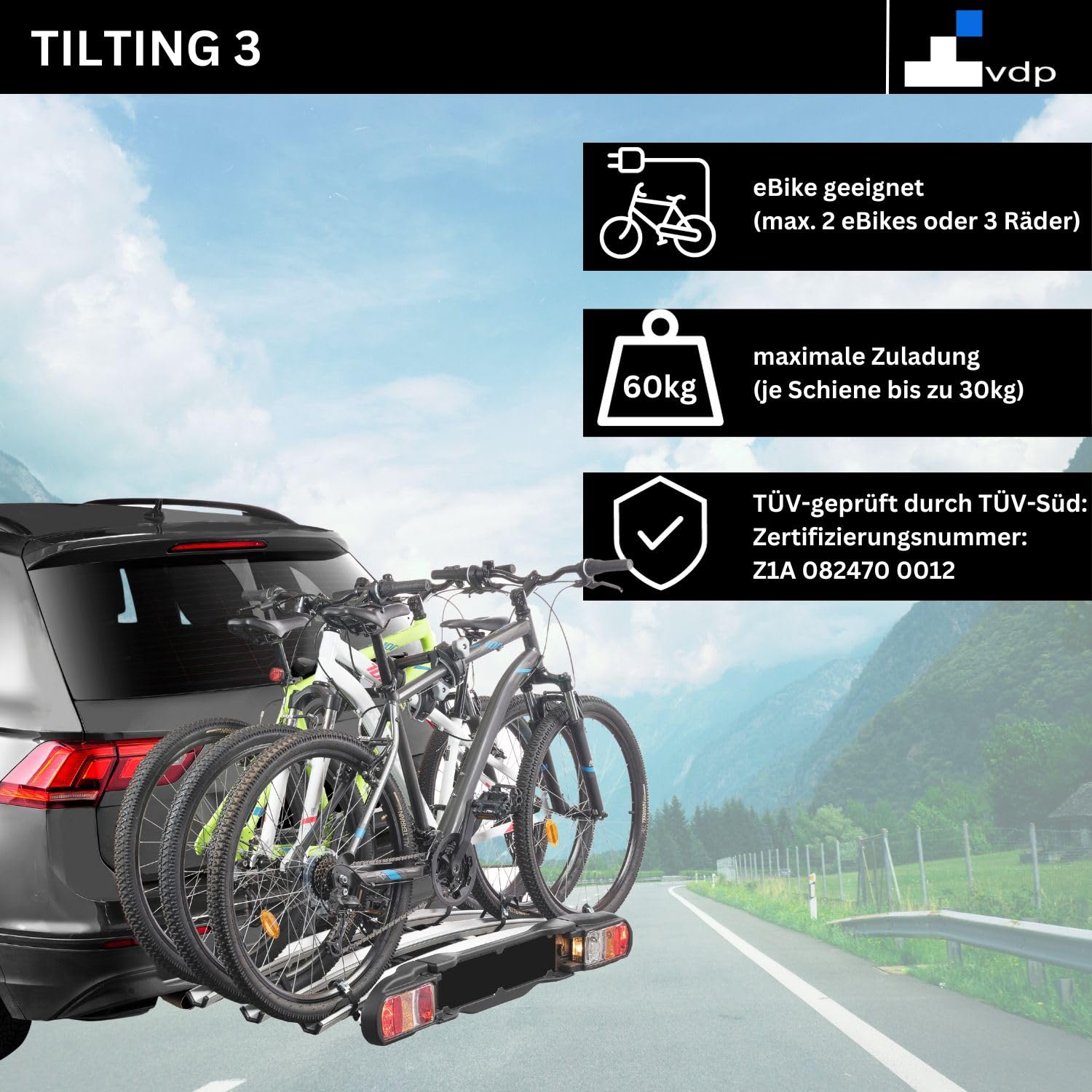 VDP eBike Portabici per rimorchio bicicletta, portabiciclette posteriore – Tilting 3 – Portabici e-Bike per 3 biciclette – Carico 60 kg – Pieghevole sul veicolo – TÜV