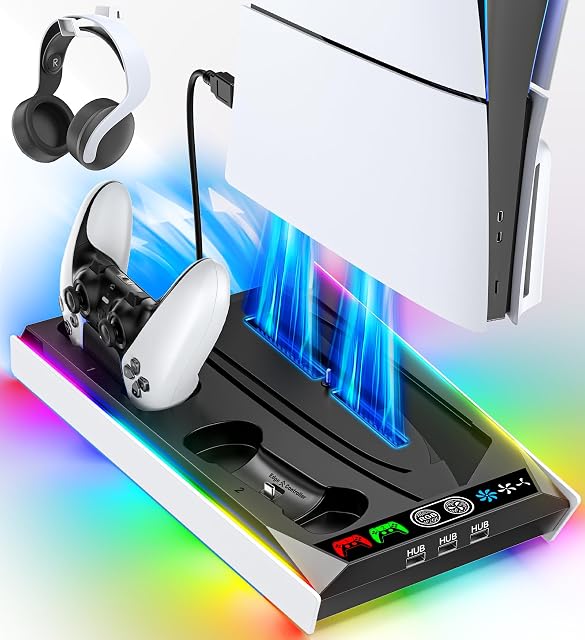 PS5 Stand for PS5 Slim Disc/PS5 Disc & Digital, 3-Level Cooling Station and RGB LED with Controller Charger for PS5 & Edge Controller, PS5 Accessories with 3 USB HUBs (Not Fit PS5 Slim Digital)