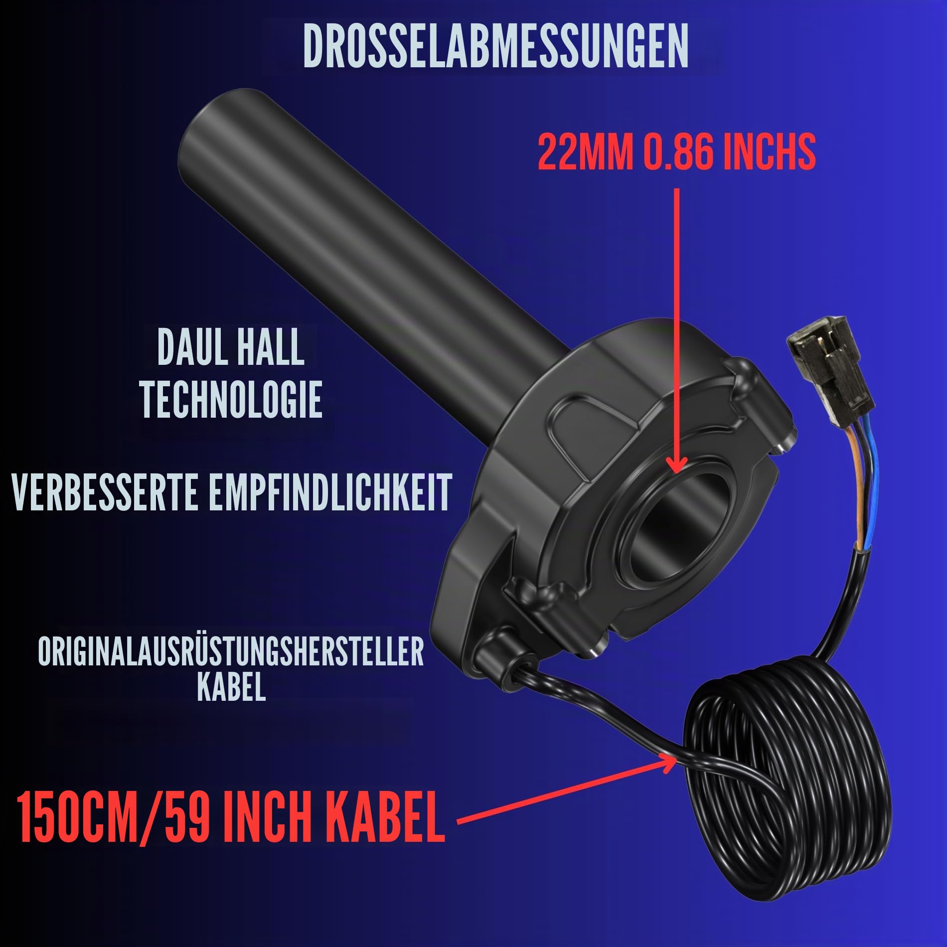 E-Bike Full Twist Throttle Gasgriff Gaszug, schwarze Griffe, Waffelgriff, passend für 3-polige SM-JST-Stecker, DIY EBike Surron, Motocross 12 V, 24 V, 36 V, 48 V, 52 V, 60 V, 72 V