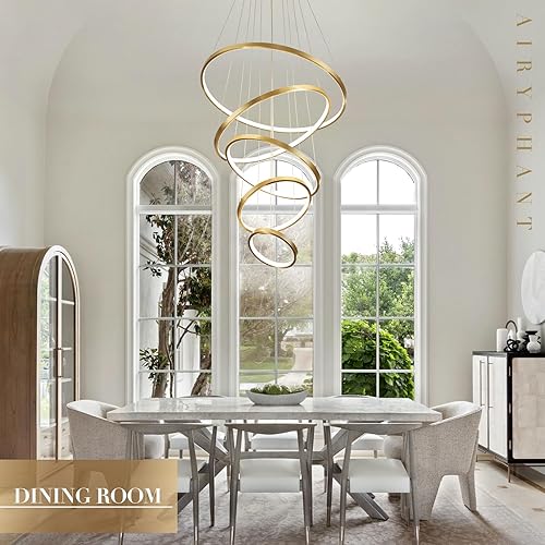 Miniatura 9 de Candelabro LED moderno de techo alto con 5 anillos dorados, para vestíbulo regulable, lámpara colgante de techo contemporánea para escalera, sala de