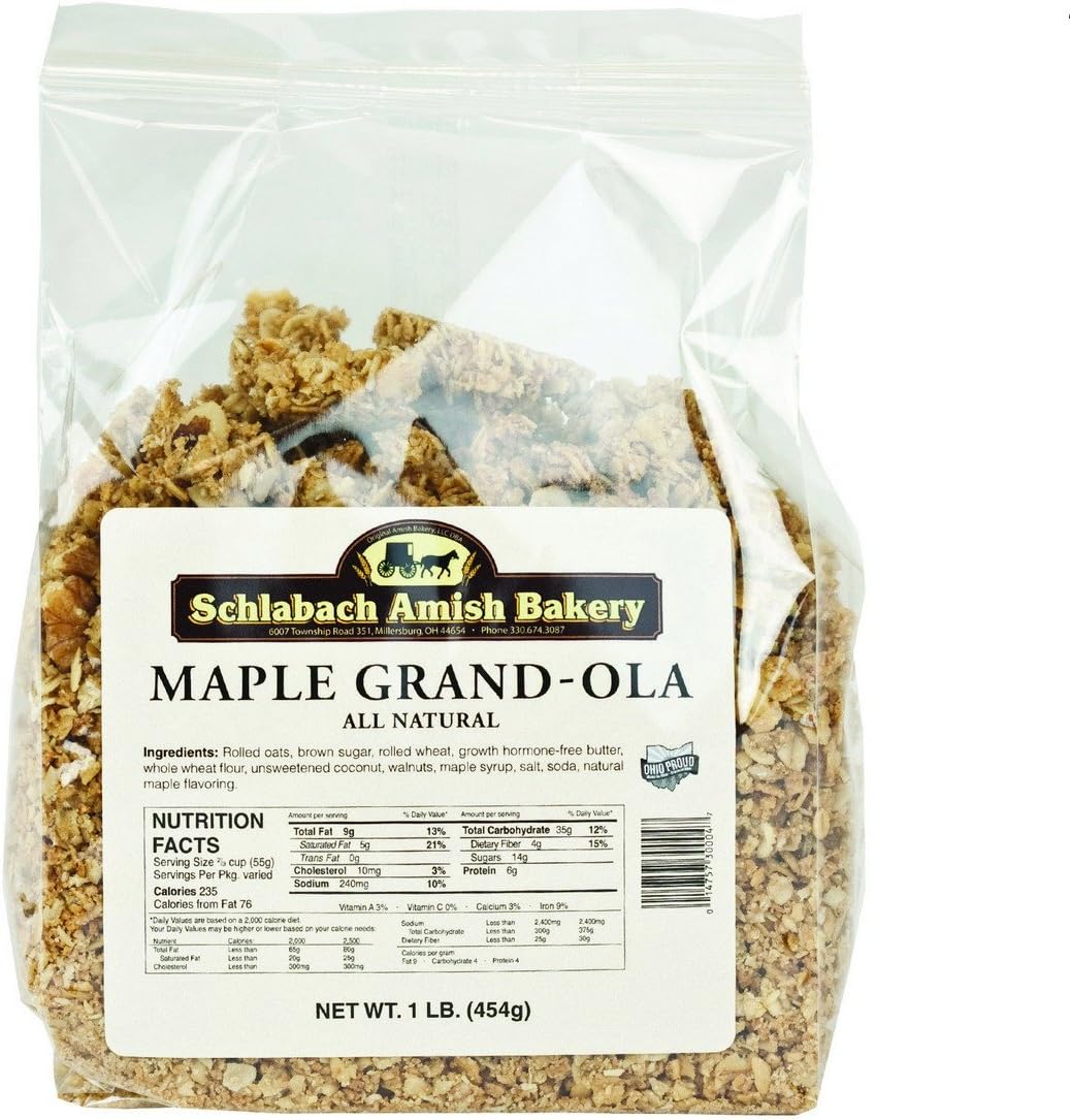 Schlabach Amish Bakery All Natural Maple Grand-Ola Granola (Pack of 4 – 16 Oz. Bags)