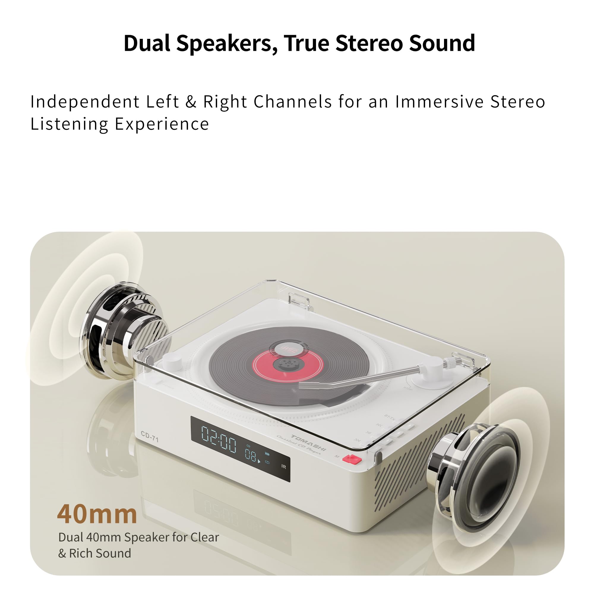 TOMASHI Lettore CD con Bluetooth, coperchio antipolvere trasparente, display HD, ricarica di tipo C, supporta CD/MP3/WMA/TF, jack per cuffie, telecomando incluso (bianco)