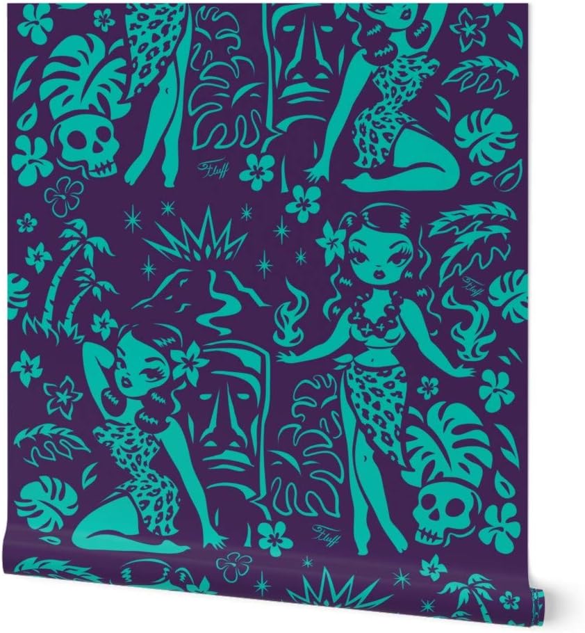 Peel & Stick Wallpaper 3ft x 2ft - Large Tiki Teal Purple Tropical Hawaii Hawaiian Vintage Retro Custom Removable Wallpaper by Spoonflower