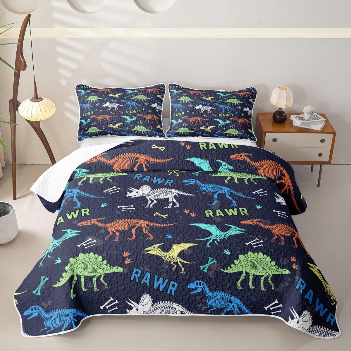 Erosebridal Kids Dinosaur Quilt Set Full Jungle Dinos Quilted Bedspread for All Season Child Cartoon Wild Animals Quilt Green Dinosaur Palm Tree Lightweight Coverlet Bedding Set