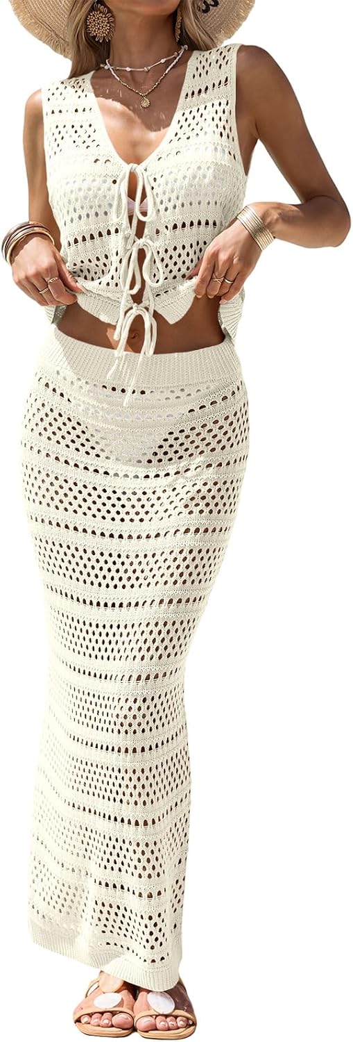 Fisoew Womens Crochet Cover Up 2 Piece Skirt Sets Sleeveless Crop Cardigan Tank Tops Swim Coverup Set