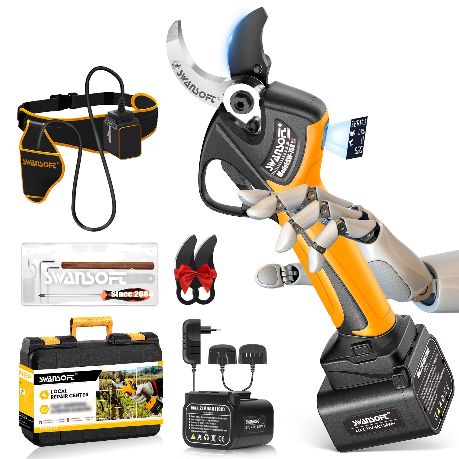 SWANSOFT Tijeras de Podar Eléctricas 40 MM, [Progresivo Mejorado+] 4000mAh Tijera de Podar Bateria 21V x2, Motor 1050W Electricas Profesionales Progresivas, Pantalla LCD (Amarillo)