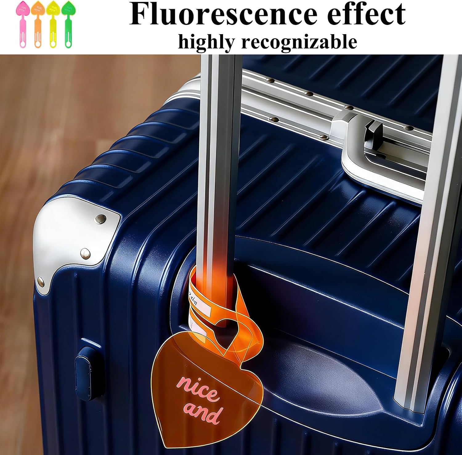 4 Pack Heart Shaped Fluorescent PVC Luggage Tags, Colorful (Yellow Green Pink Orange) Baggage Tags for Suitcase, Travel Essentials Cruise Airplane Accessories image 4