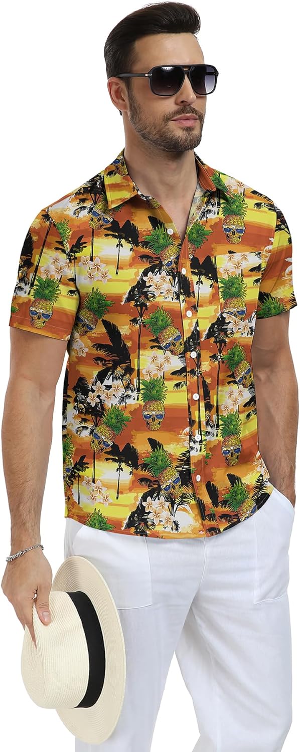 قمصان هاواي للرجال من NITAGUT، بأكمام قصيرة، وأزرار، وجيب، مناسبة للعطلات الاستوائية على الشاطئ - (اللون: أصفر أناناس، المقاس: كبير جدًا)