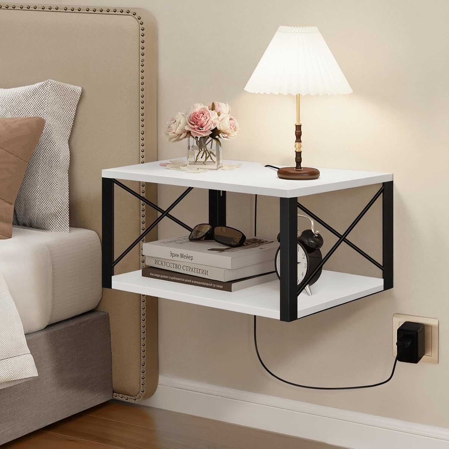 Homode Floating Night Stand, Modern Bedside Shelf Wall Mount, Wood Hanging Nightstand with Wire Hole, Floating Side Table for Bedroom Bathroom Living Room Small Places, White