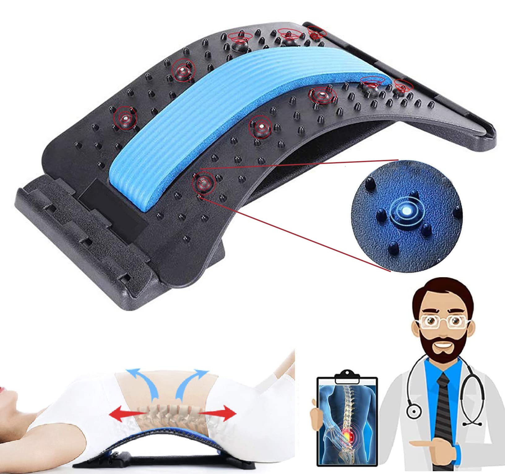 Back Stretcher, Lumbar Back Pain Relief Device, Adjustable Back Cracker Board with Magnetic Massage Points, for Muscle Relax, Pain for Herniated Disc, Sciatica, Scoliosis with 3 Adjustable Settings