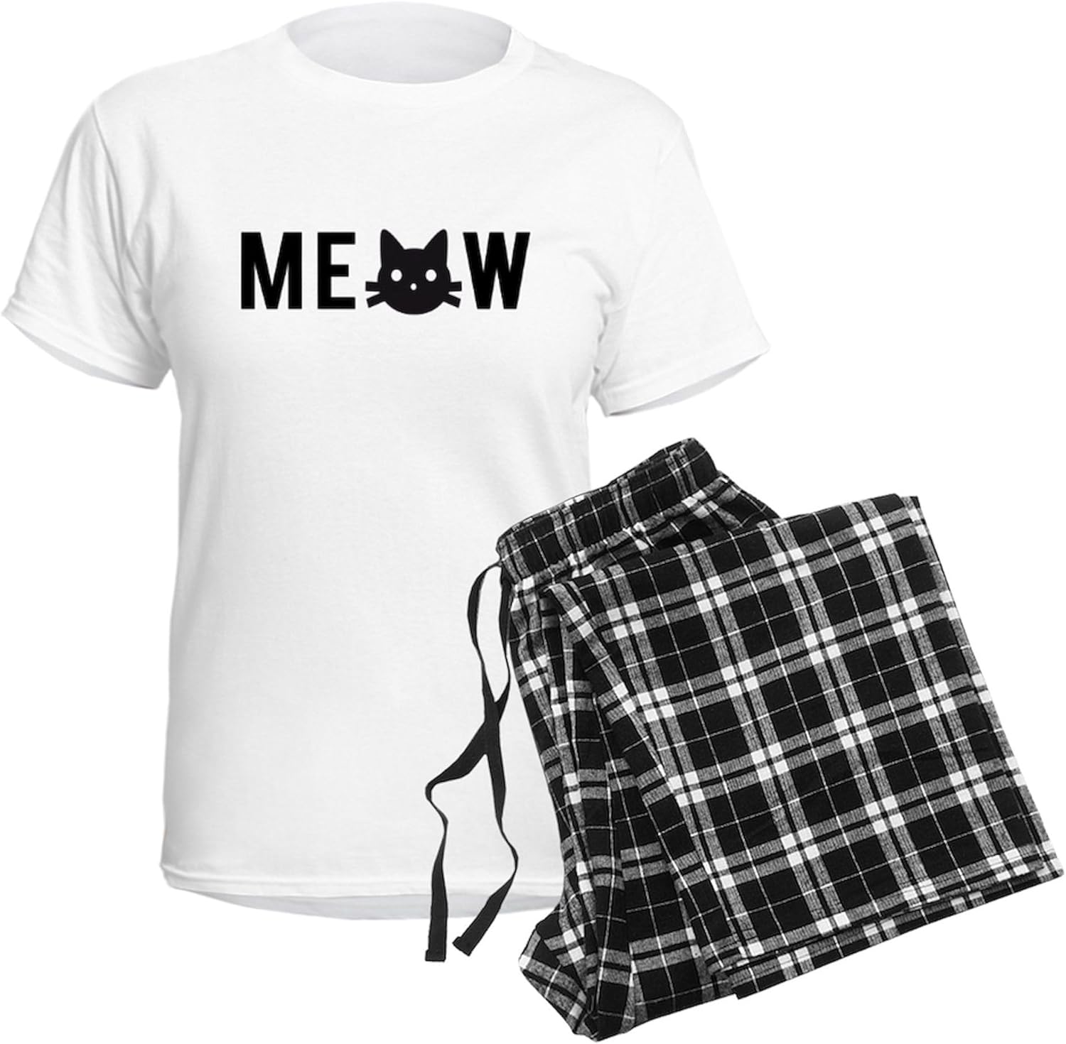 CafePress Meow, with Black cat face, Text Design Pajamas Women's Novelty Cotton Pajama Set, Comfortable PJ Sleepwear