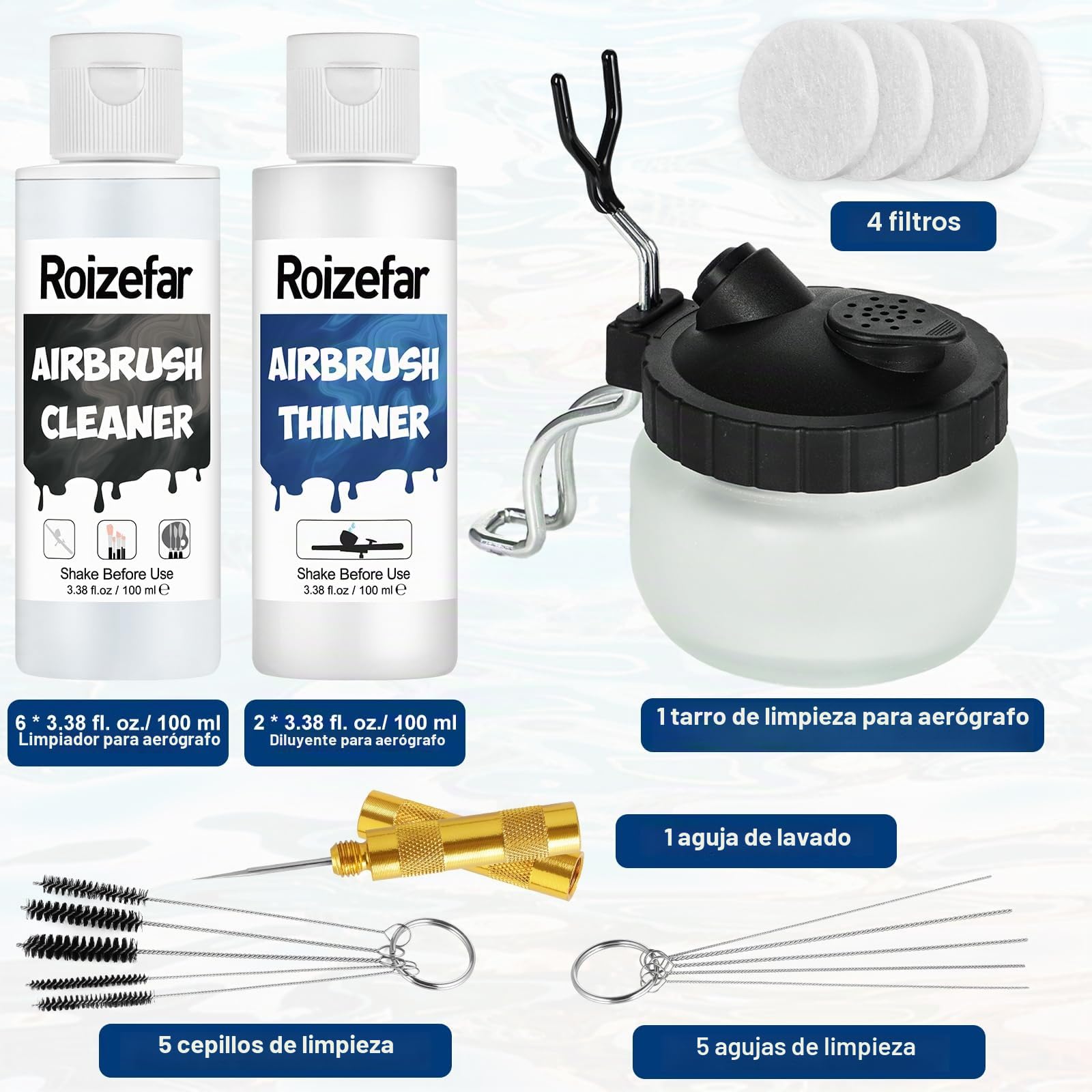 Roizefar - Kit de limpieza para aerógrafo, 6 limpiadores de aerógrafo y 2 diluyentes (100 ml cada uno) con tarro de limpieza de vidrio, elimina eficazmente la pintura acrílica a base de agua, kit de