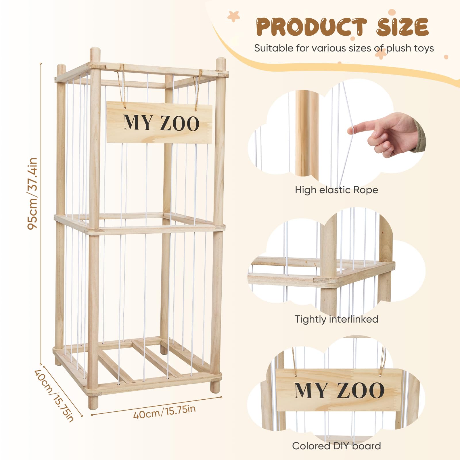 Dtabiler - Organizador de animales de peluche de madera maciza, 95 x 40 x 40 cm, 2 niveles, diseño abierto, para habitación infantil y sala de juegos, de madera de pino