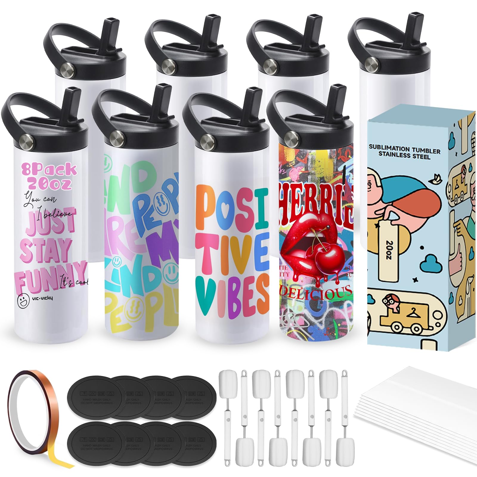 VEVOR Verpakking met 12 vacuümsublimatieglazen, 590 ml, dubbelwandige roestvrijstalen bekers met rietje, deksel, borstel, bodem, intrekbare verpakking, geschenkdoos