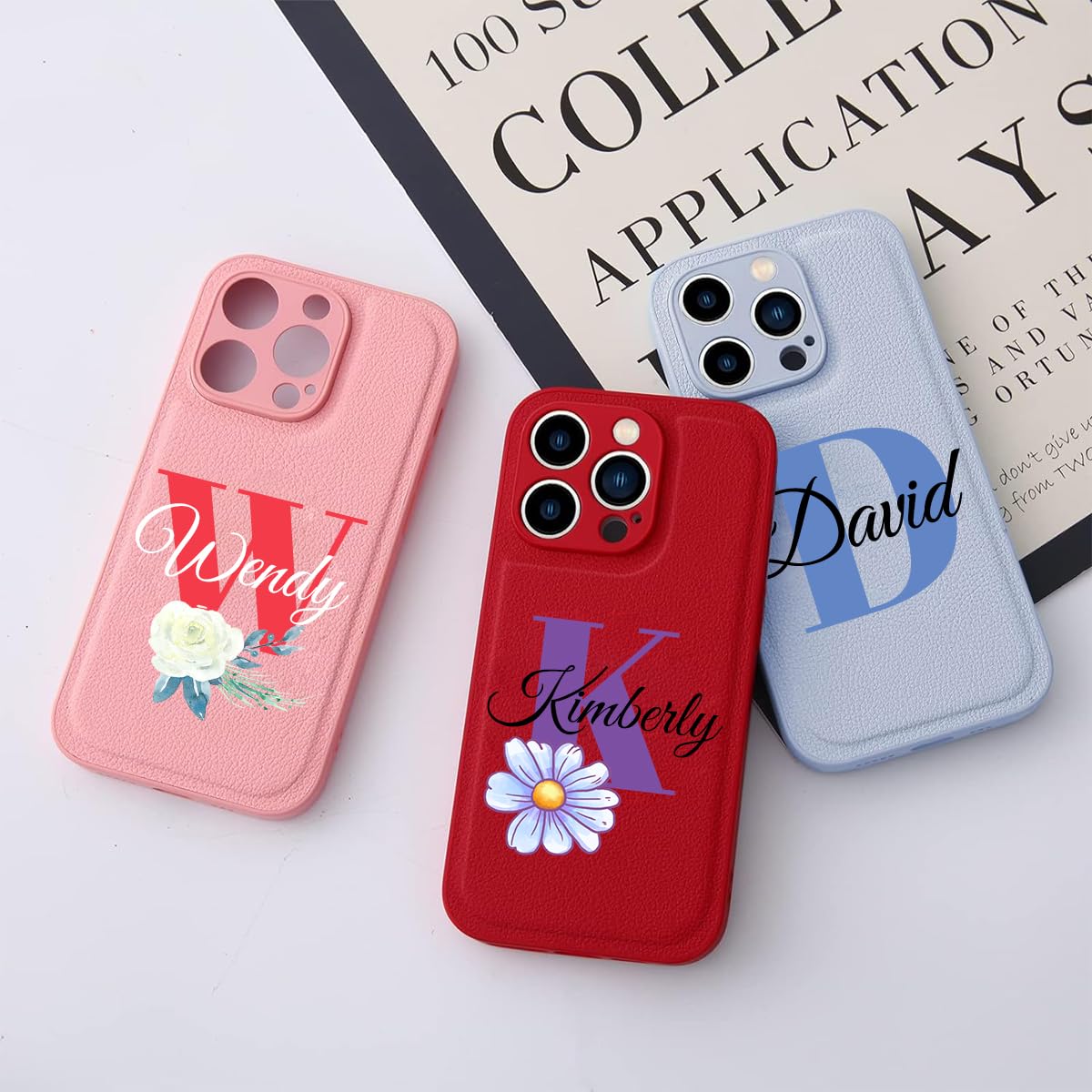 Custom Name Leather Case for Apple iPhone 17 Air 16 15 14 Pro Max 13 12 Mini 11 XR XS X 8 7 Plus SE 2 3 Phone - Personalize Initial Name Monogrammed Floral Customized Phone Cover