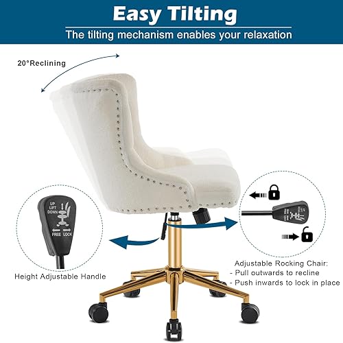 Miniatura 7 de VINGLI Silla de Escritorio de Oficina sin Brazos de Vellón Teddy Blanco con BaseRuedas Doradas, Linda Silla de TocadorMaquillaje con Respaldo para