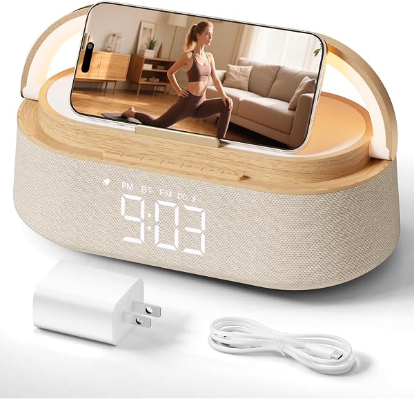 FREEFISH 6-in-1 Alarm Clock with Bluetooth Speaker, Wireless Charging, FM Radio, Night Light, Phone Holder, Digital Clock, 15W Fast Charger for iPhone 16/15/14/13 Samsung, Bedroom Office Gift (Wood) - 1