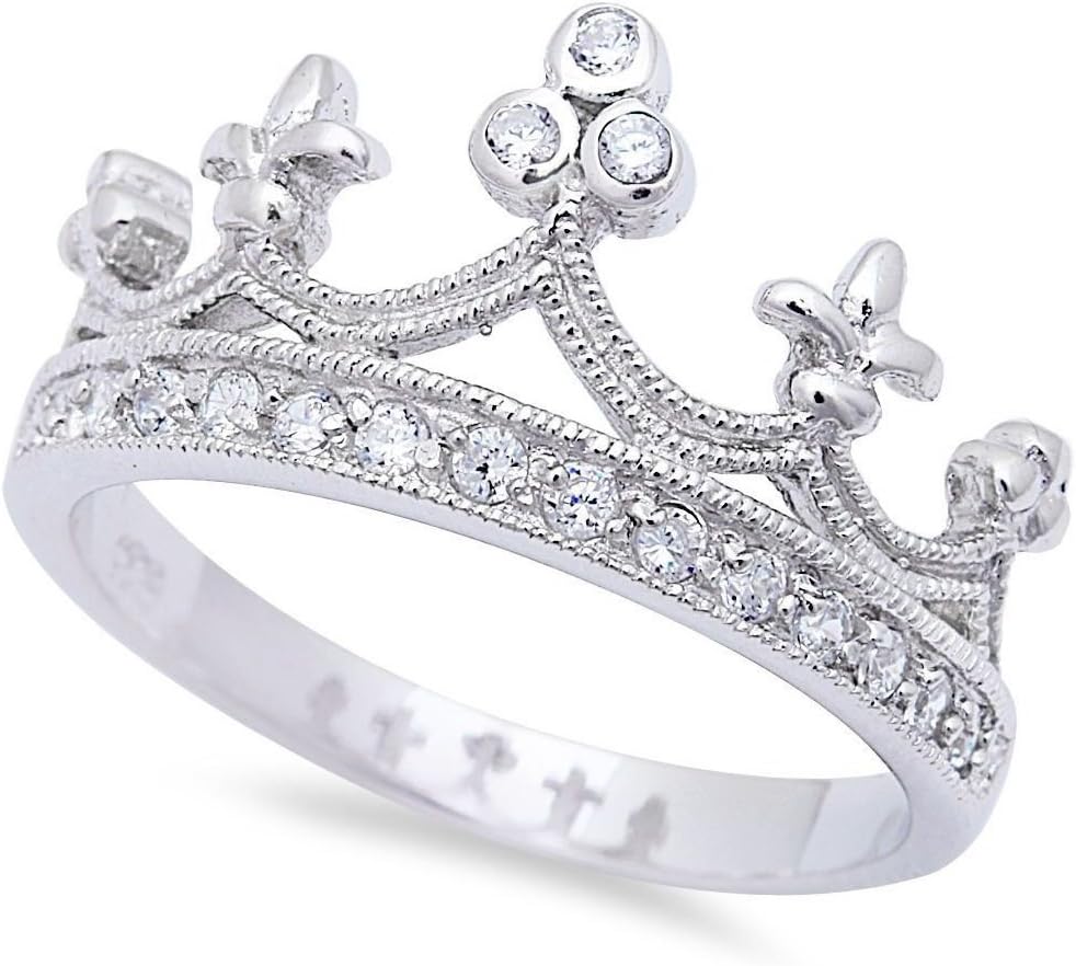 Half Eternity Princess Crown Cubic Zirconia Tiara Queen Ring for Women Vintage Statement Engagement Rings For Women 925 Sterling Silver Jewelry Gift for Her