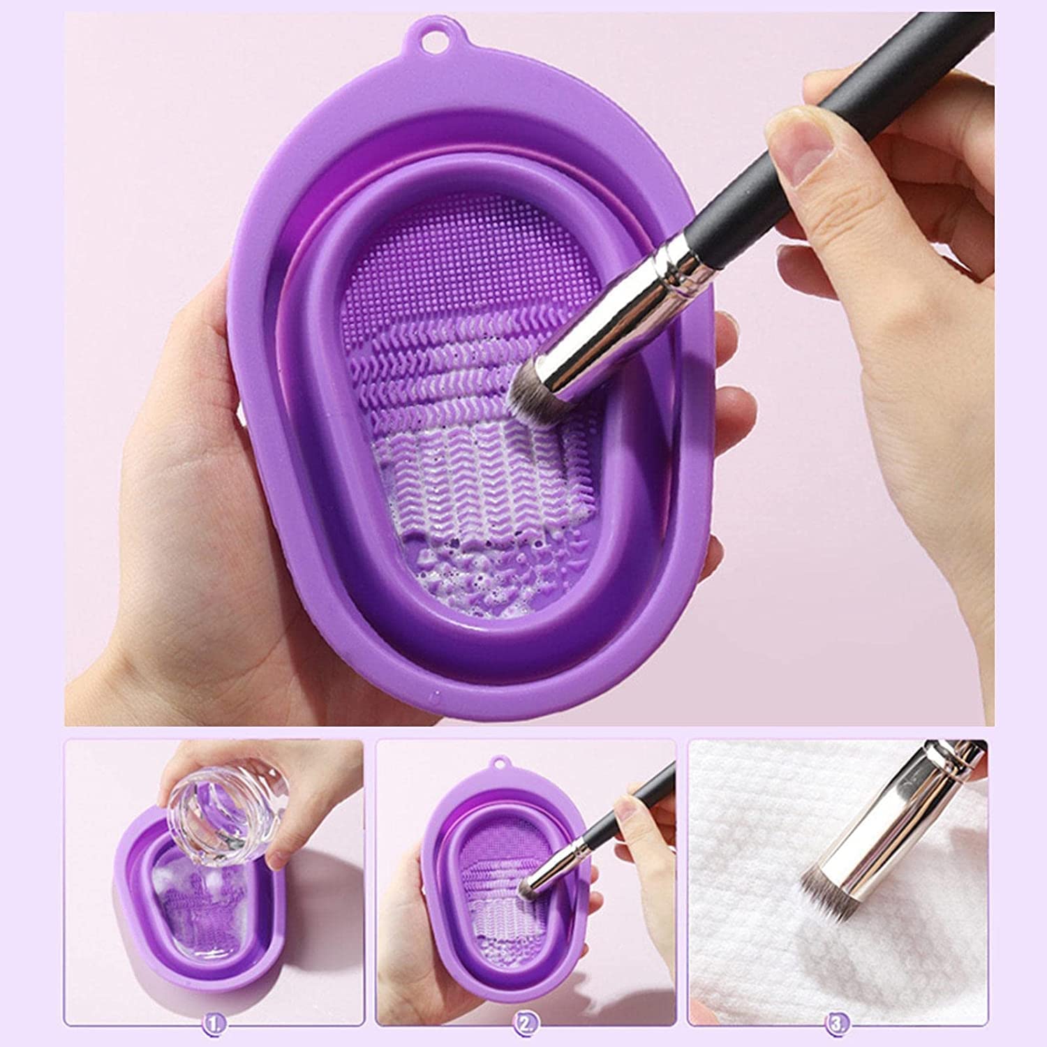 Orbica Makeup Brush Cleaning Mat, Soft and Durable Silicone Cosmetic Cleaner Pad, Foldable Makeup Brush Cleaning Bowl, Portable Washing Tool Scrubber with 4 Textures (Pack Of 1)