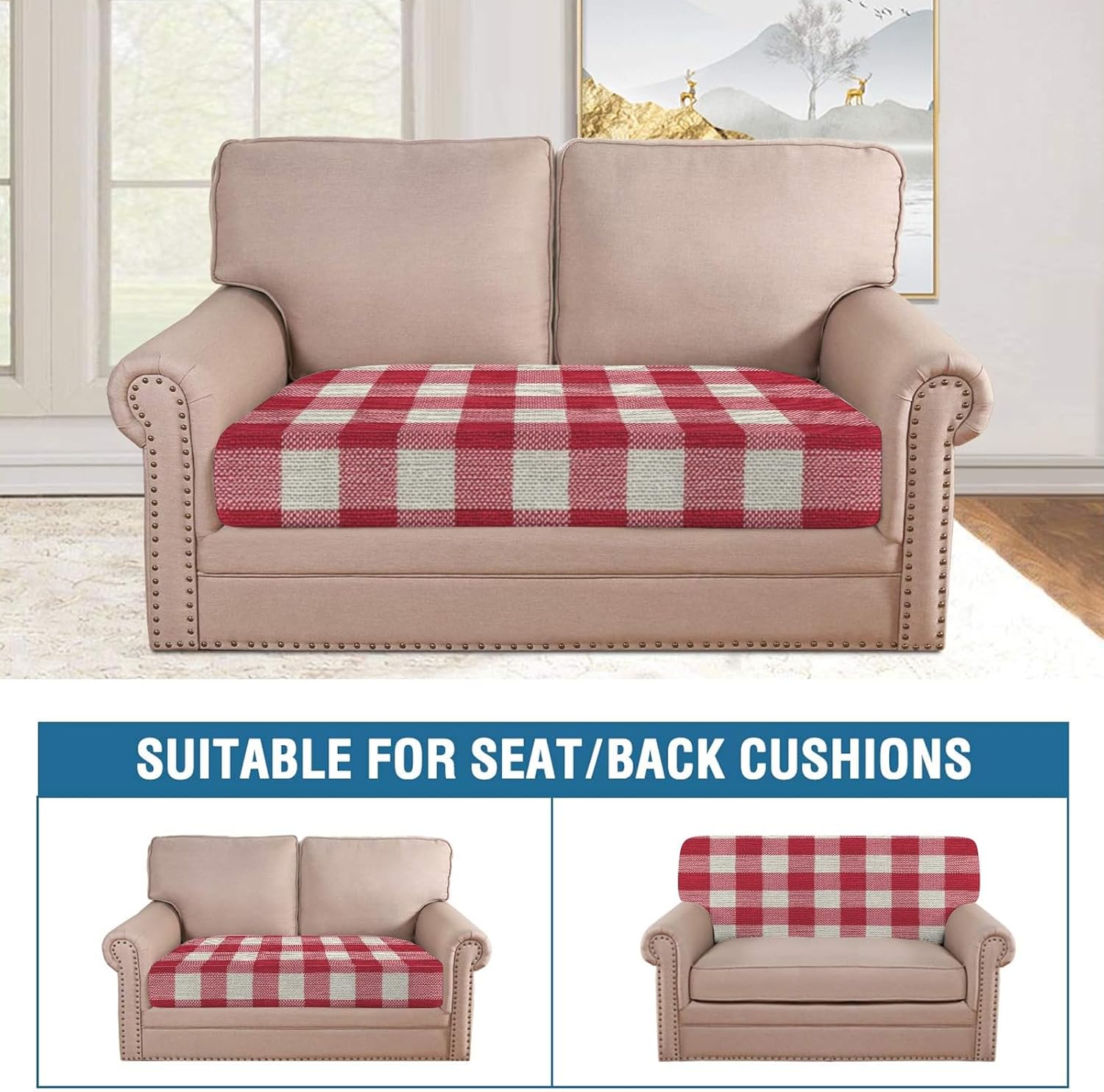 Red and White Gingham Loveseat Covers Couch Covers for 2 Cushion Couch, 2-Piece Stretch Sofa Slipcovers Anti-Slip Washable Furniture Protectors for Dogs Pets