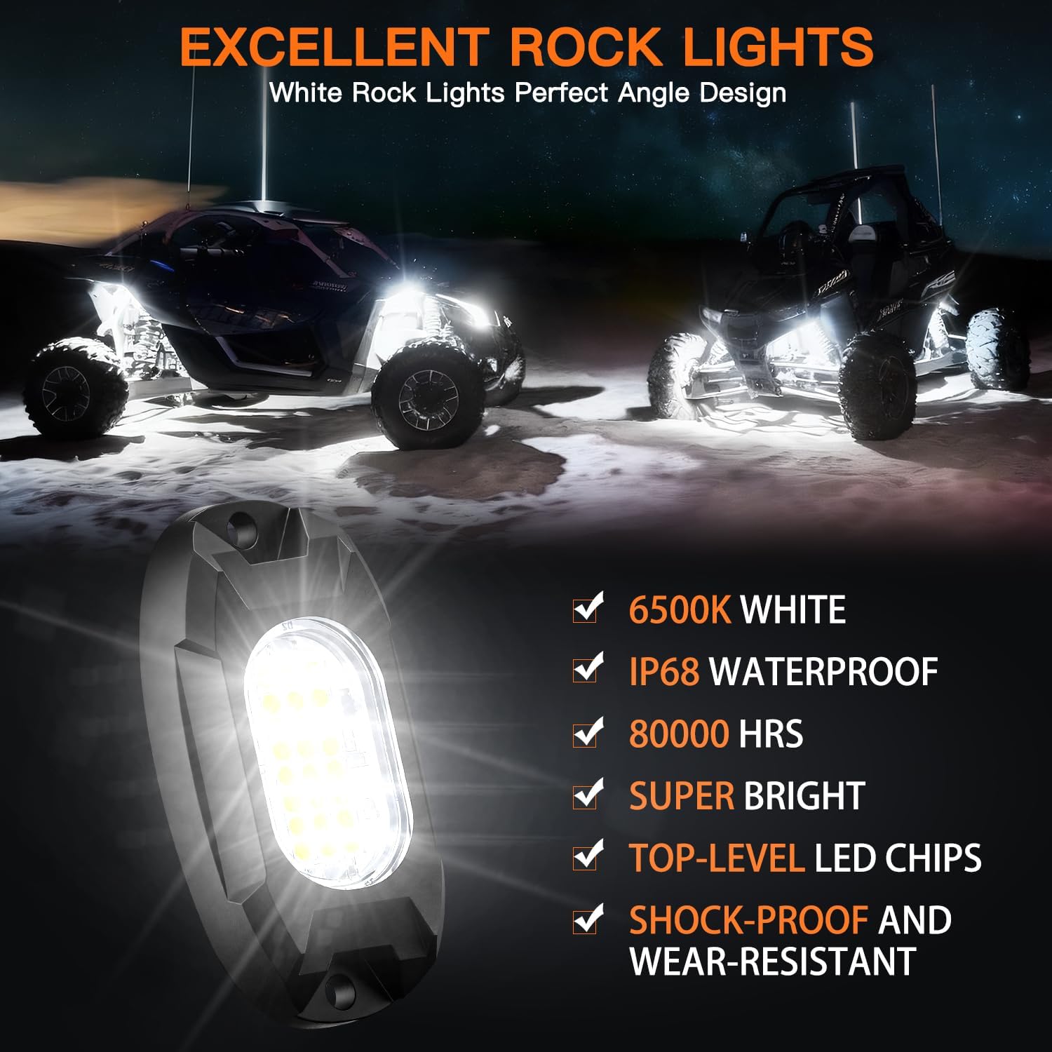 Rock Lights,LEDMIRCY R6 Pure White Rock Lights for Trucks 6Pods High Power
