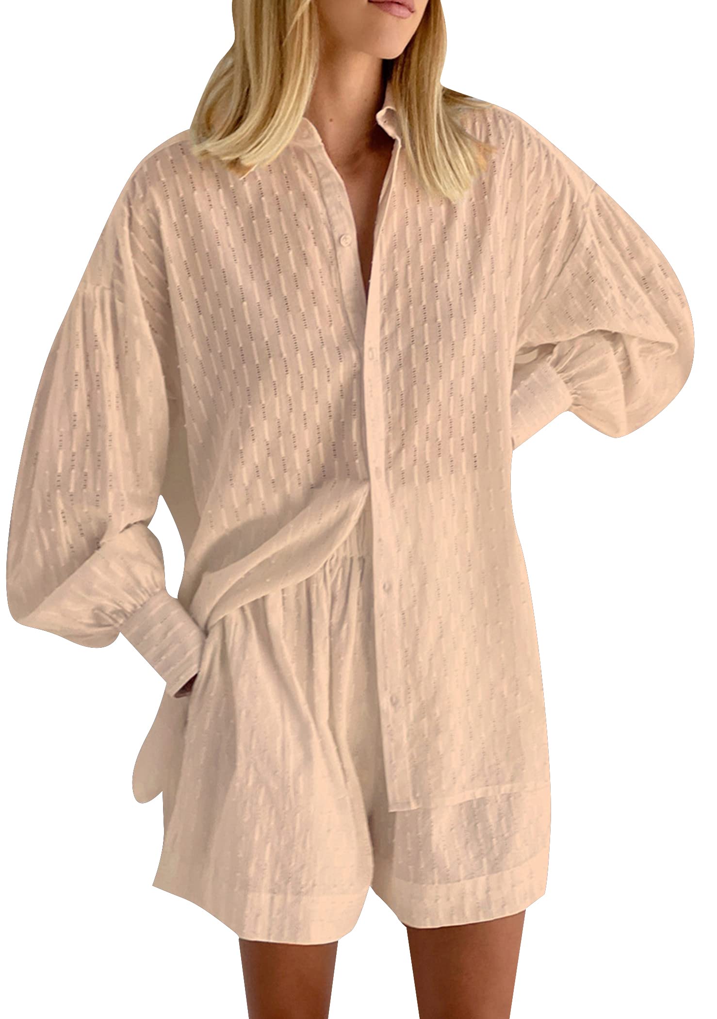 OMZIN Ensemble 2 Pièces Décontracté Pour Femmes Chemise À Manches Longues Boutonnées Et Short À Poches Latérales Sweatsuit