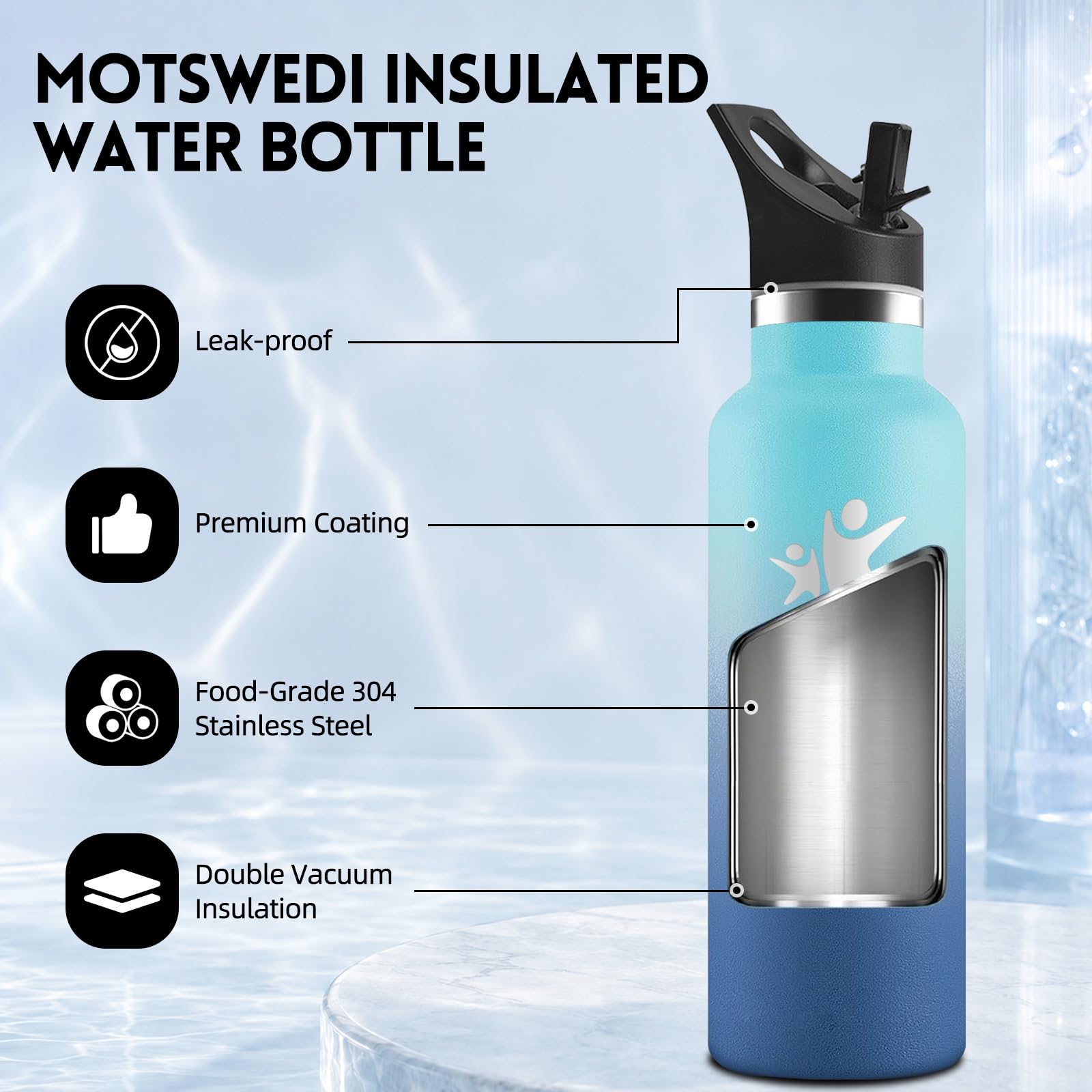 Motswedi Botella Termica 750 ml, Borraccia Acciaio Inox, per Acqua Fredda e Calda, Bottiglia Termica, a Prova di Perdite, Bottiglia Acqua, para Palestra, Ufficio, Yoga, Azzurro cielo & Blu scuro
