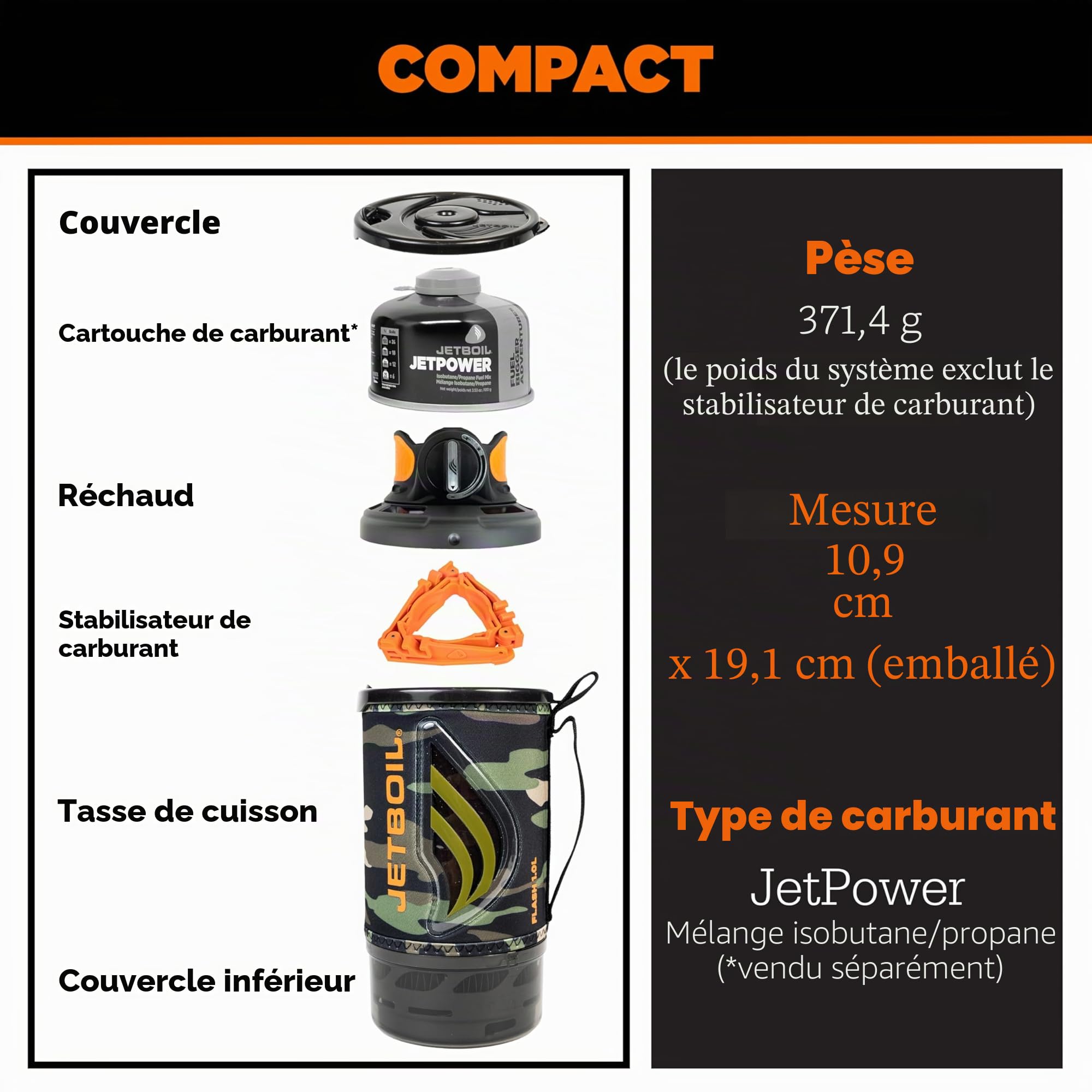 Jetboil Flash Réchaud portable 1 L à ébullition rapide pour camping randonnée avec allumage automatique en 1 étape, brûleur propane/isobutane avec tasse de cuisson, camouflage foncé