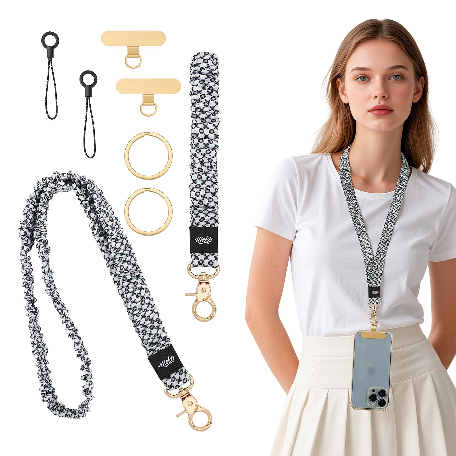 Moko Unisex Black & White Grid Phone Lanyard With Stretchy Tether And Carabiner