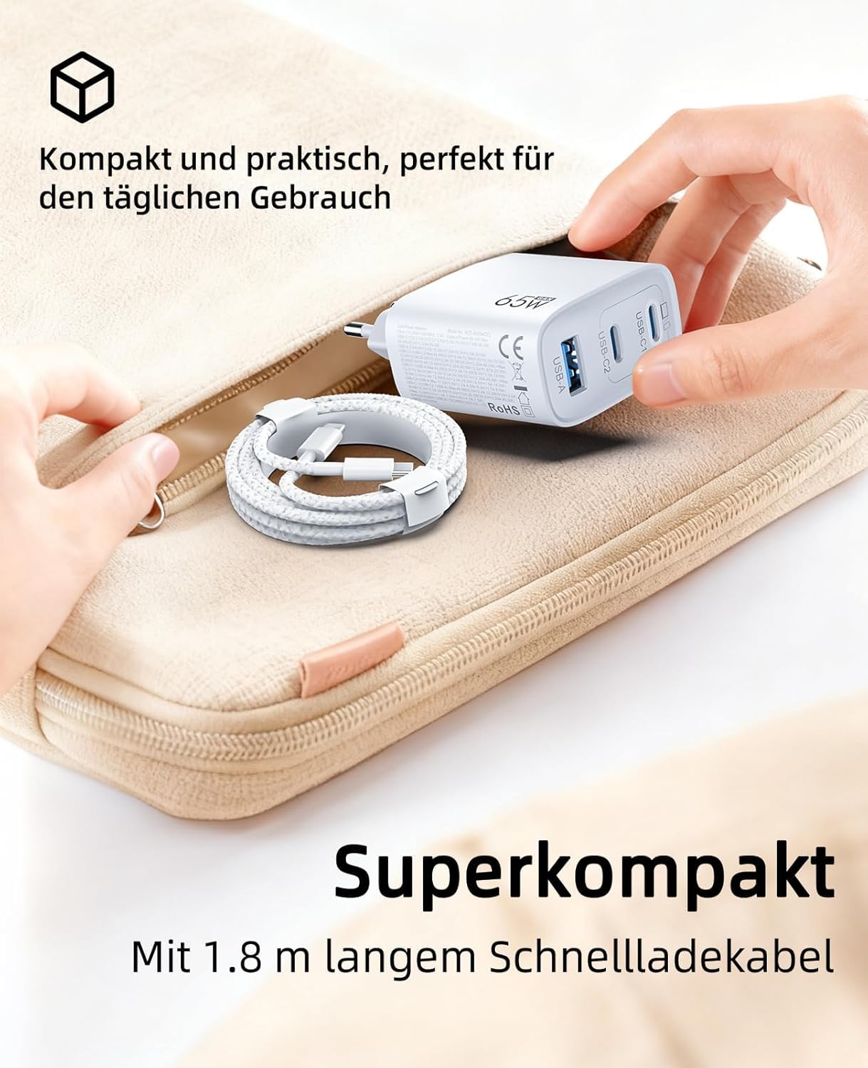 USB C Ladegerät 65W 3-Port, USB-C Netzteil PPS 60W Schnellladegerät, PD Charger, kompatibel mit MacBook Pro/Air, iPhone 17/16/15, iPad Pro, Samsung S25/S24/S23 Ultra, Google Pixel 10/9, weiß