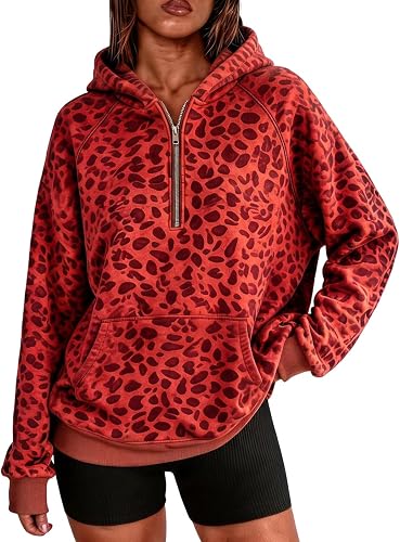 ASUIU Woman Hoodies Cheetah Print Trendy Fall Sweatshirt Long Sleeve Red