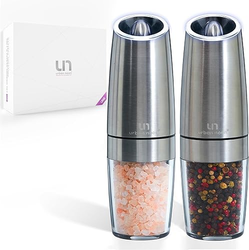 Urban Noon Gravity - Juego de molinillo de sal y pimienta, molinos de acero inoxidable a pilas con luz (2 molinillos), operación automática con una