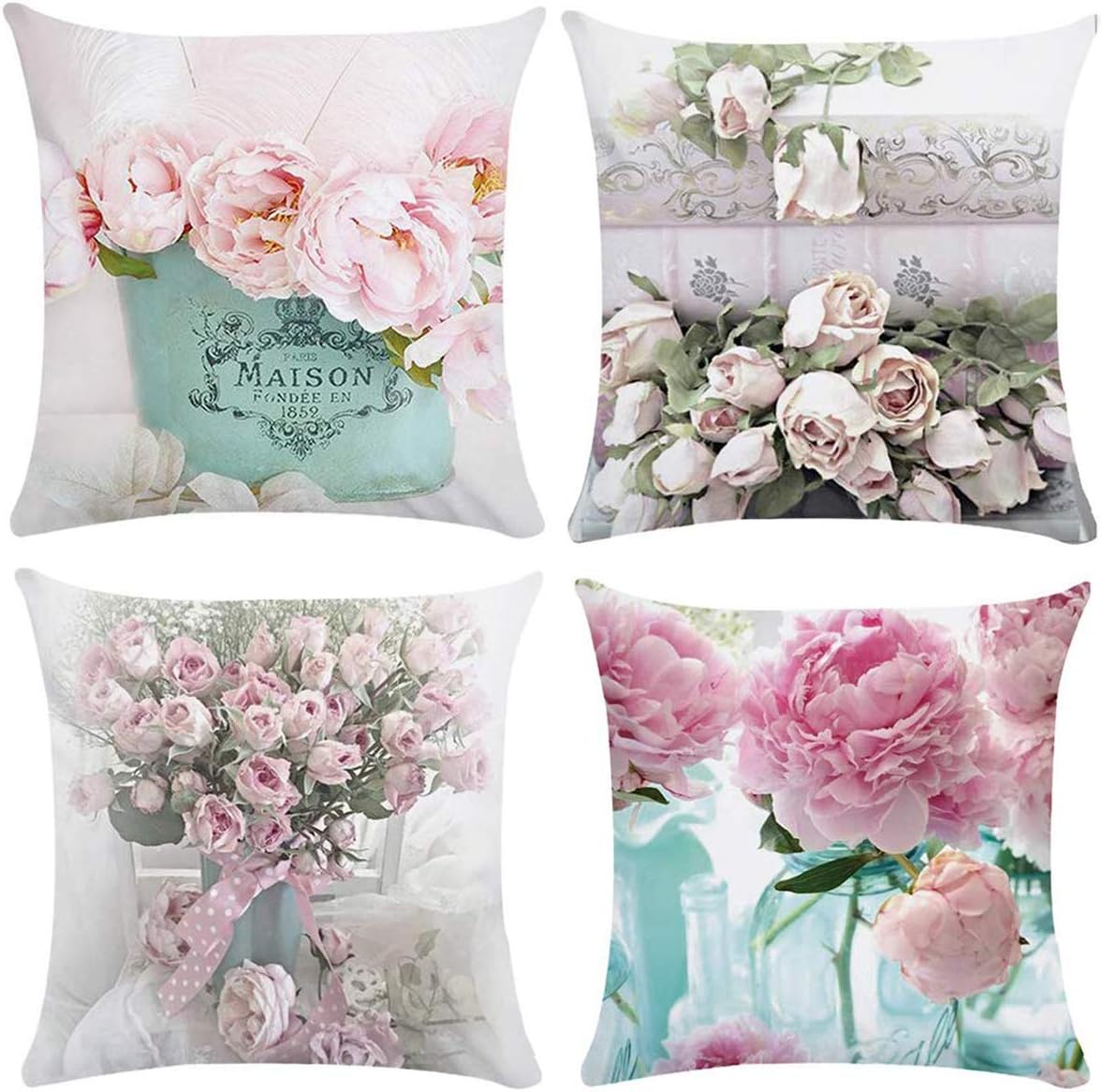 Throw Pillow Covers Decorative Pillowcases 4 Pack - Soft Linen Cotton Design Cushion Cover for Sofa,Bedroom,Chair,Car Seat,Farmhouse 18 x 18(Brilliant Flowers)