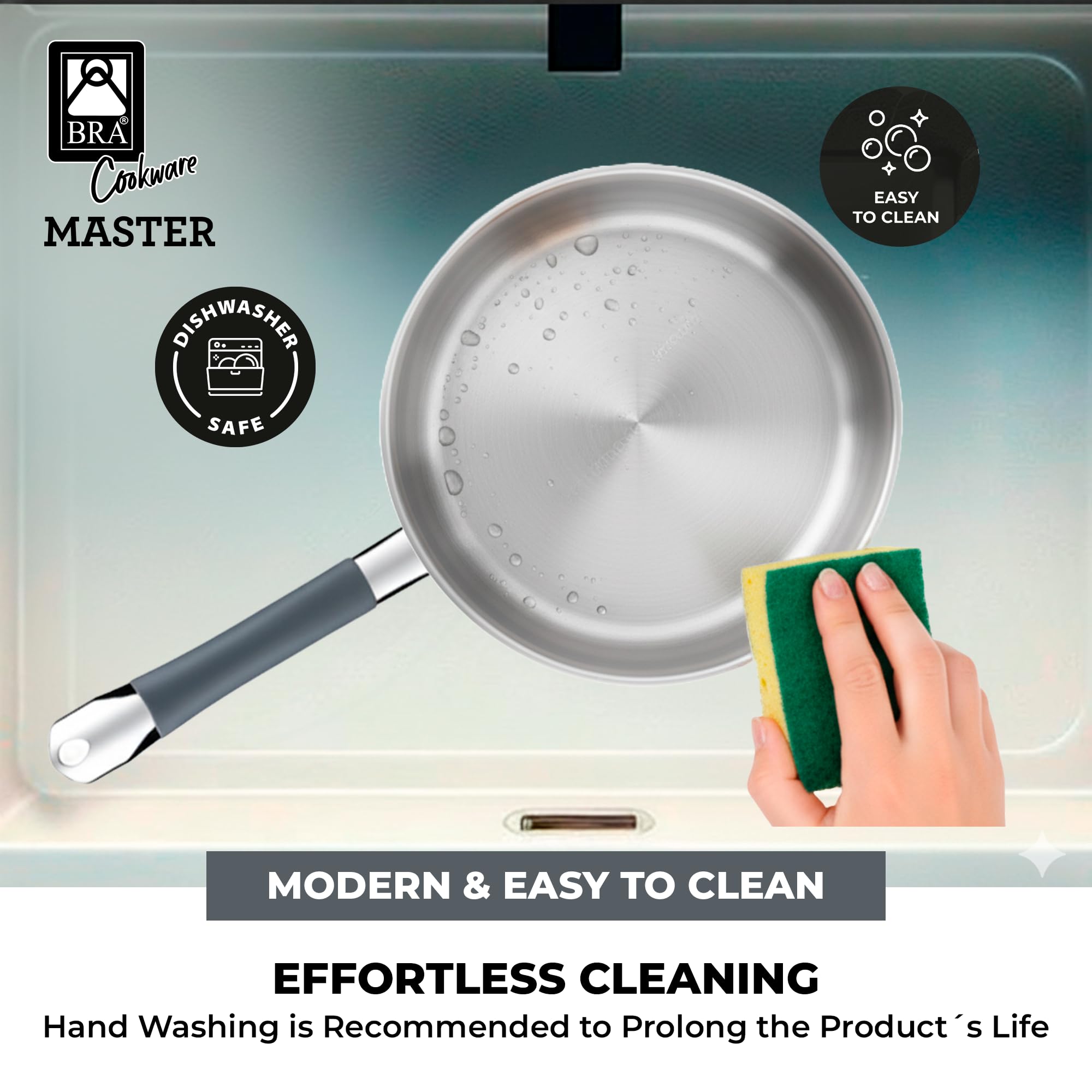 BRA Master | Set di padelle in Acciaio Inox 20-24-28 cm | Senza rivestimento antiaderente, Senza PFOA, Full Induction, adatte a tutti i piani cottura, manico rivestito in silicone