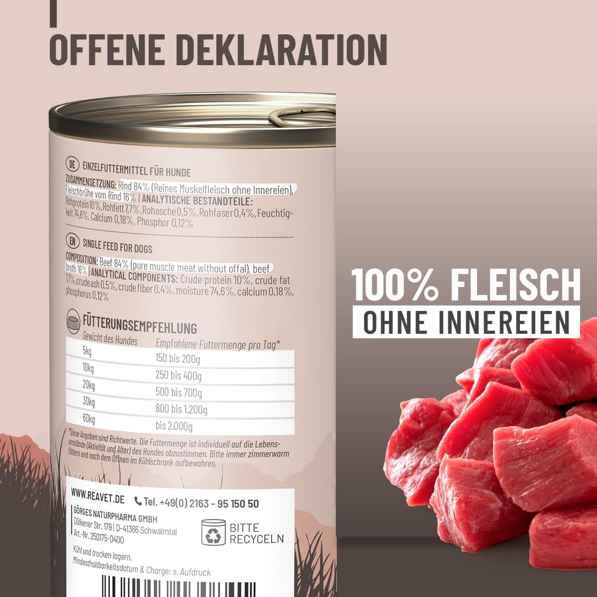 ReaVET Premium Hunde Nassfutter - Rind PUR 6 x 800g I Reines Muskelfleisch, Hypoallergen, ohne Getreide & Zusätze, Hundenassfutter sensitiv für Allergiker