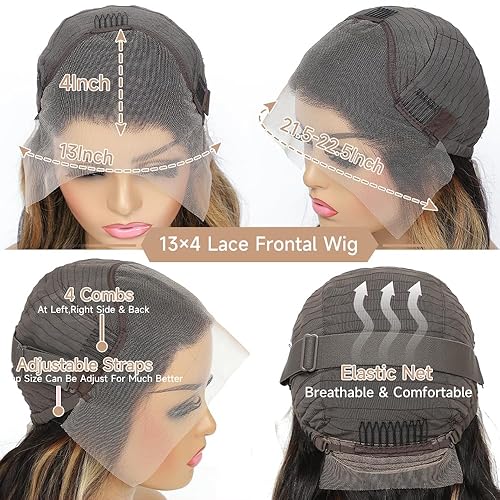 Miniatura 6 de Peluca de encaje frontal ombre Avolo de cabello humano prearrancada 13x4, peluca de encaje frontal de onda corporal con reflejos de cabello humano