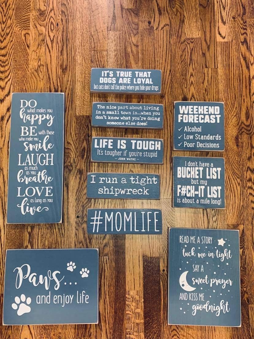 "Life Is Tough" Sawdust City Rustic Wooden Sign - Made From Solid Knotty Pine & Distressed Wood - White Stenciled Lettering Wall Art Room Decor On Slate Grey Background 10x3.5 : Home & Kitchen