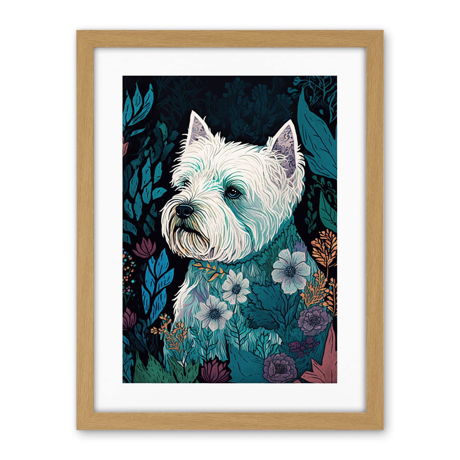 Artery8 West Highland White Terrier in Flowers Dark Multicoloured Linocut Illustration Artwork Framed Wall Art Print 18X24 Inch