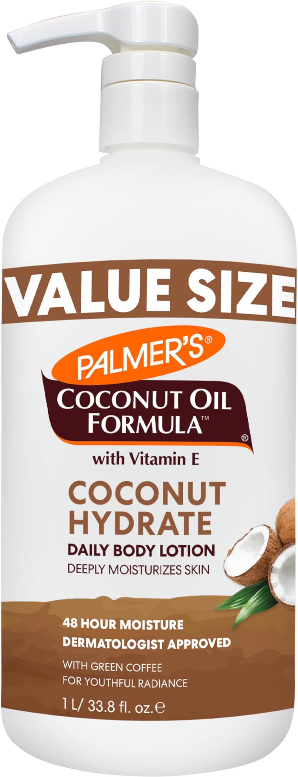 Coconut Oil Formula Body Lotion for Dry Skin, Hand & Body Moisturizer with Green Coffee Extract & Vitamin E, Value Size Pump Bottle, 33.8 Fl Oz (Pack of 1)