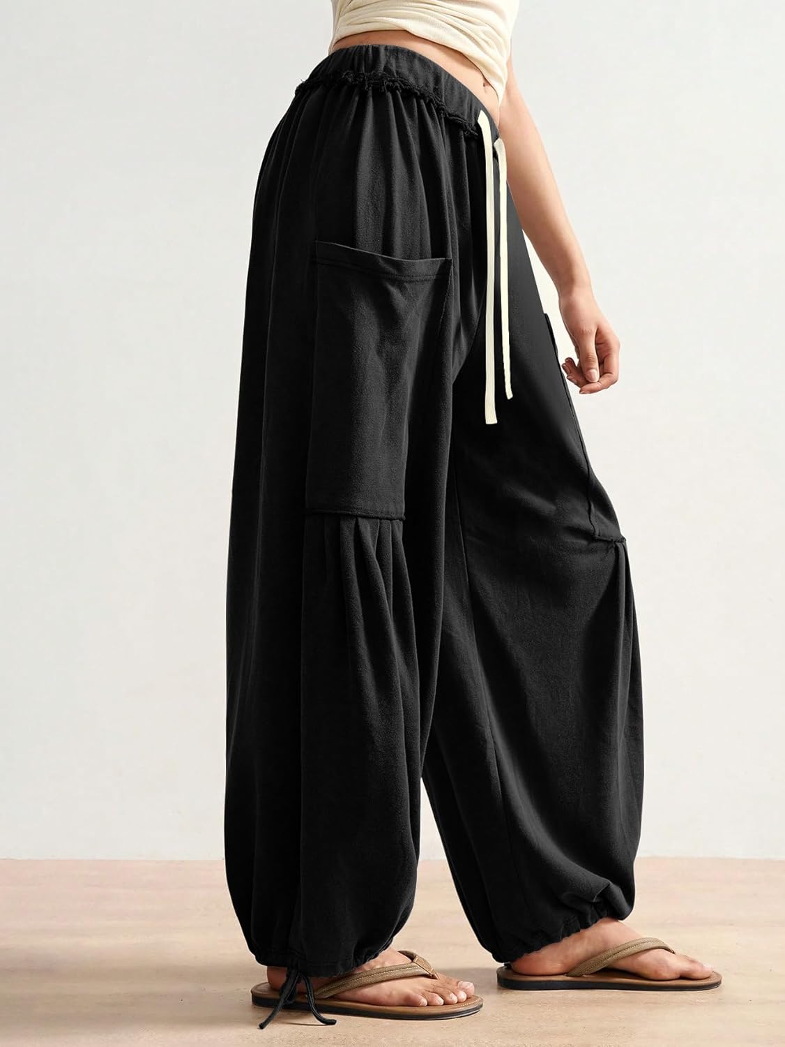 ZAFUL Boho Casual Pants for Women Baggy Pant Ruched Flowy Bottom Elastic Drawstring Waist Trouser with Pockets - Image 6