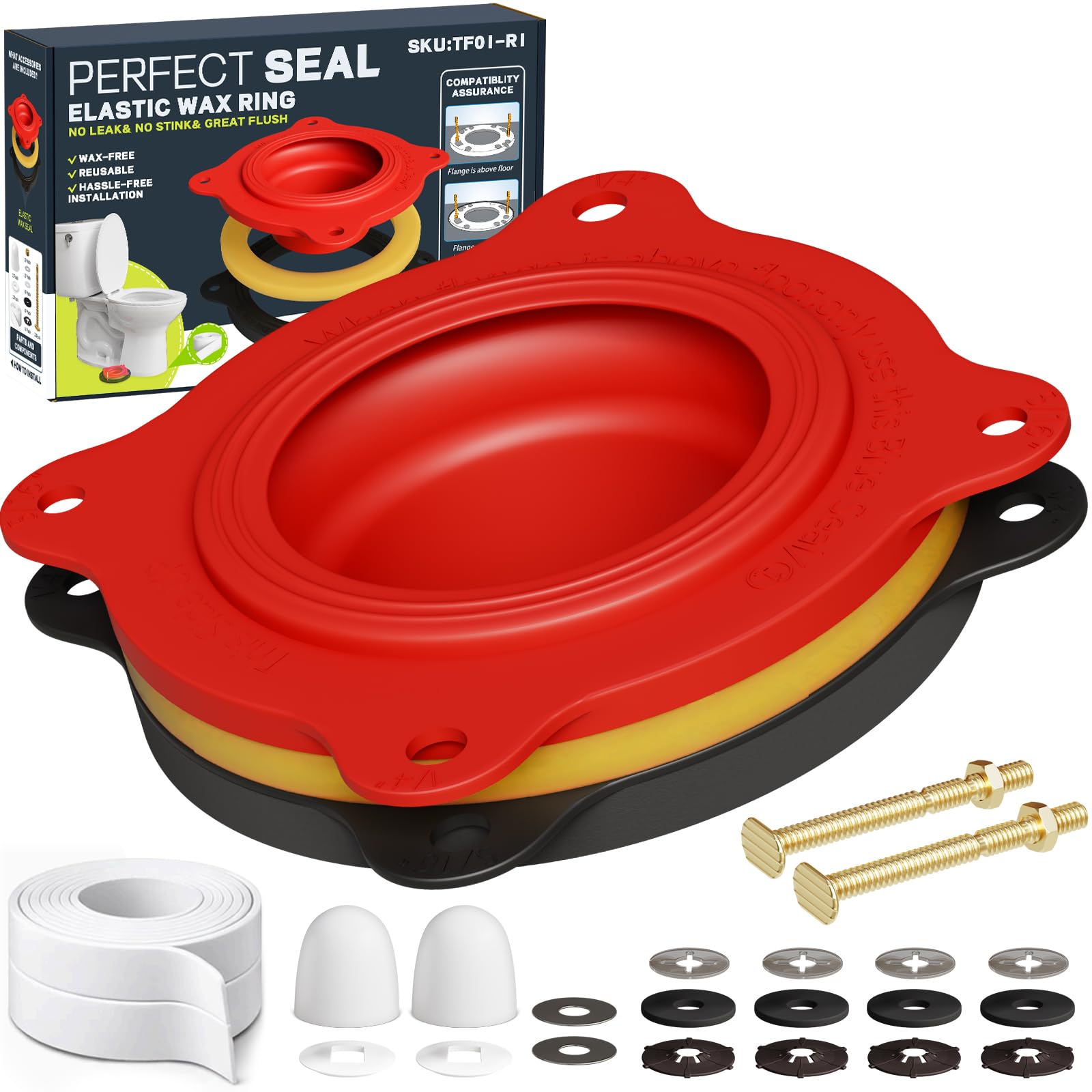 Elastic Wax Ring Toilet Seal Kit, Gasket Replacement with Caulk Tape
