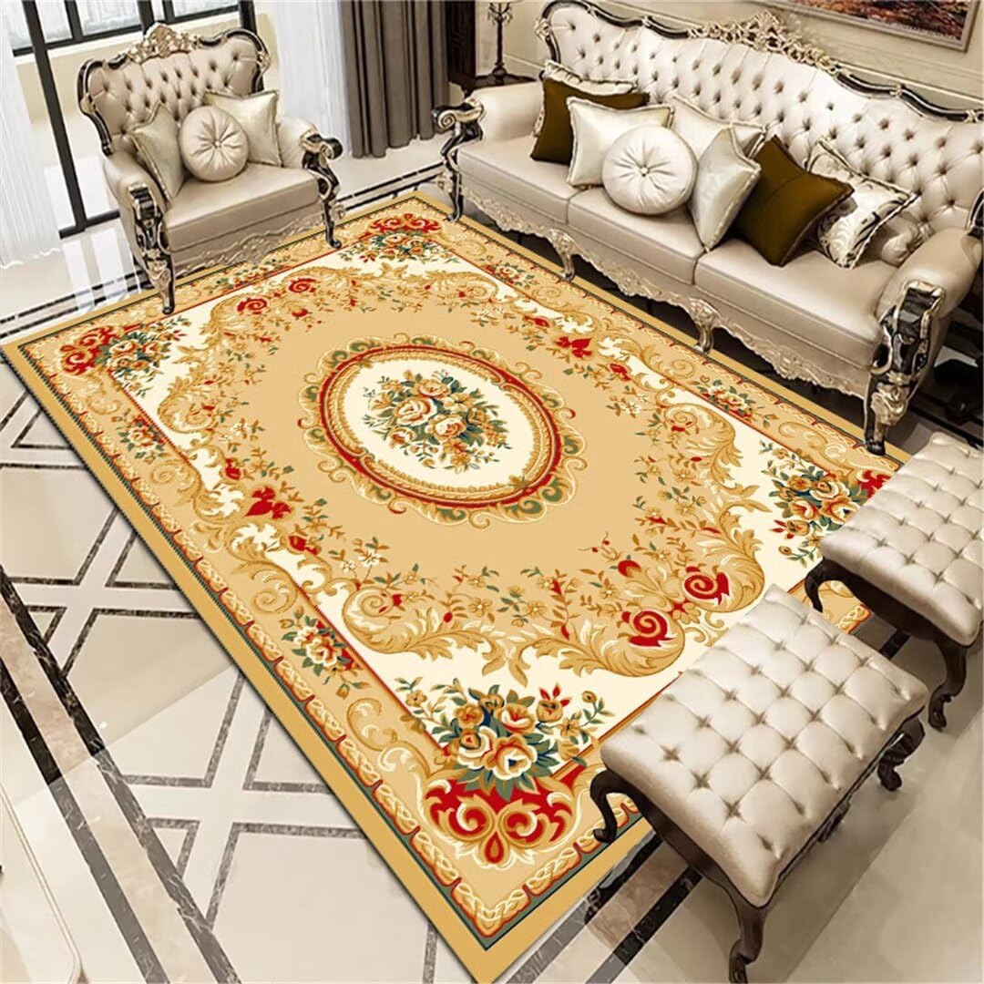 GX-YJX Large Floor Mat Luxurious Modern Floral Carpet Palace Design Carpet Washable Yellow 50X80Cm